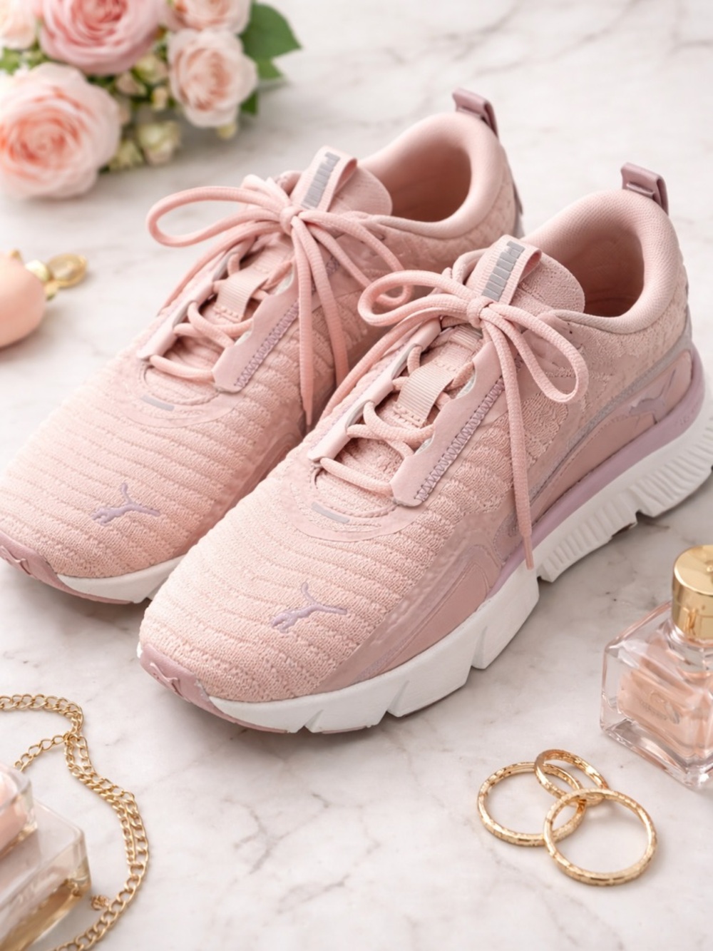 Puma Women’s Light Pink Knit Lace-Up Athletic Sneakers